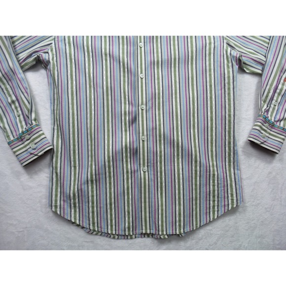 Robert Graham Shirt Mens Large Striped Long Sleeve Button Up Silk Trim Designer - Picture 2 of 14